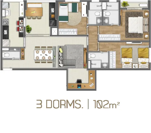 Planta 3 dorms. | 102 m² do Único Alphaville